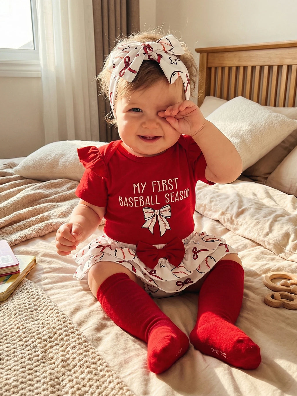Lioraitiin Baby Girl Outfits Letter Bow Print O-Neck Short Sleeve
