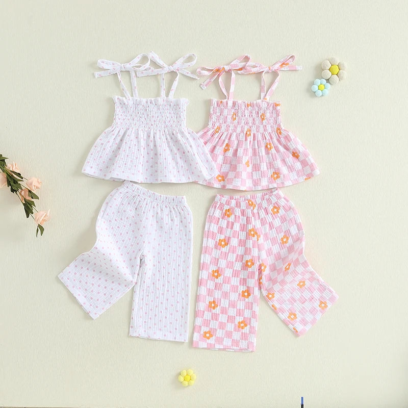 Lioraitiin Toddler Girl Outfits Plaid/Dot Print Spaghetti Strap Tank