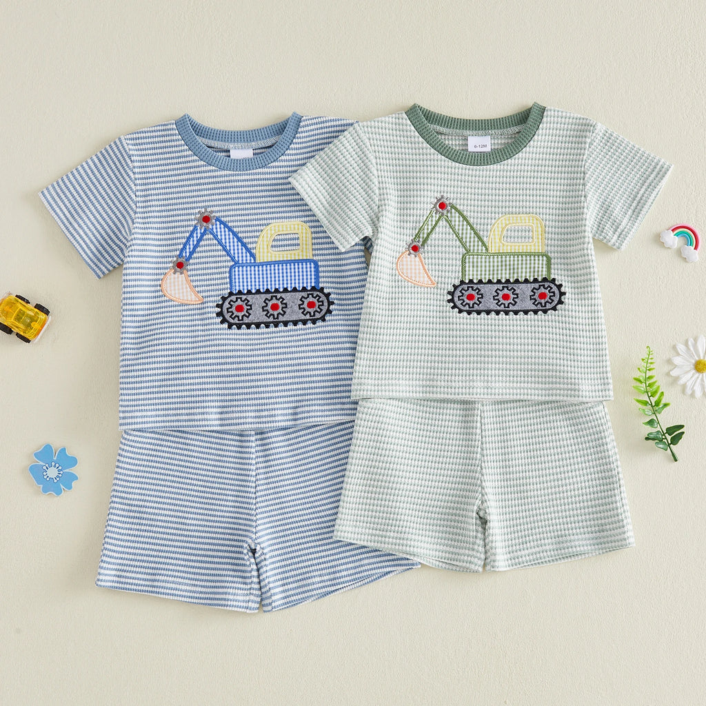 Toddler Baby Boy Outfit Excavator Embroidered Striped Short Sleeve