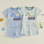 Toddler Baby Boy Outfit Excavator Embroidered Striped Short Sleeve