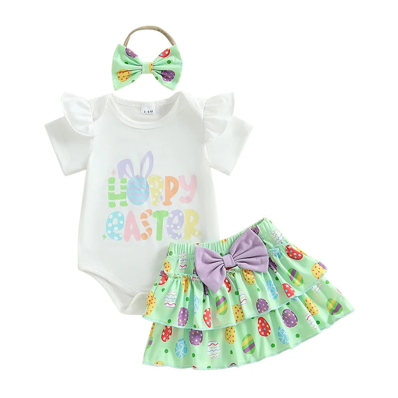 Lioraitiin Baby Girl Easter Outfits Short Sleeve Romper + Tiered