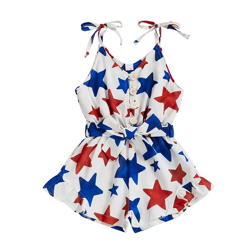 Lioraitiin Kid Girl 4th of July Overalls Shorts Bow/Popsicle Print