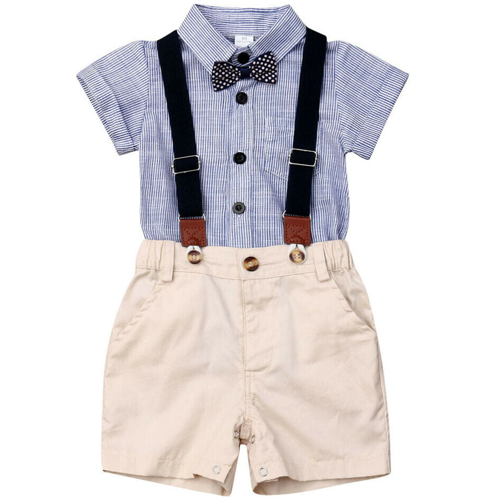 Lioraitiin Newborn Boys Stripe Short Sleeve Gentleman 2PCS Set Romper