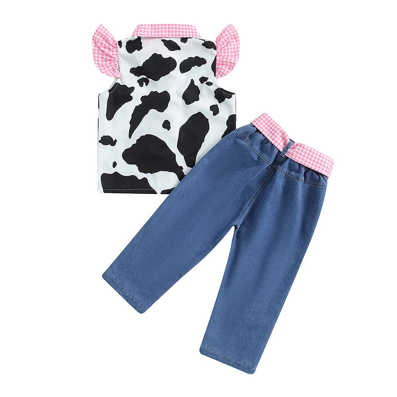 Lioraitiin Baby Girl 2Pcs Western Outfits Fly Sleeve Cow Print Shirt