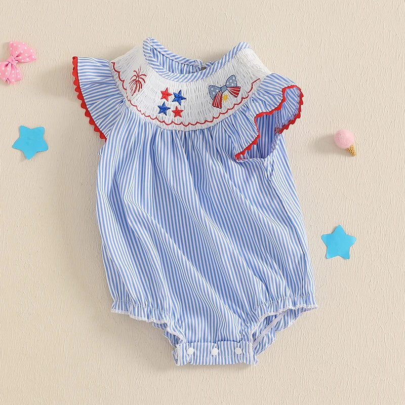 Lioraitiin Baby Girls Romper Fly Sleeve Crew Neck Stripes Embroidery
