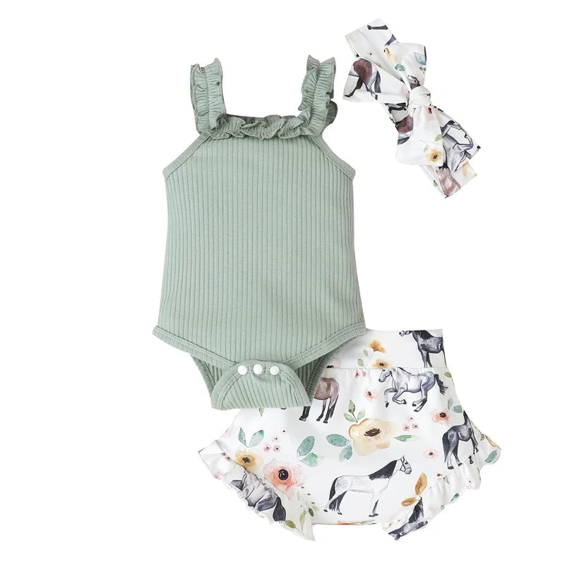 Lioraitiin 0-18M Infant Baby Girl 3Pcs Off Shoulder Romper Tops Bull