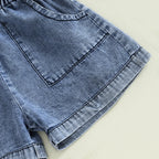 Toddler Girls Denim Overalls Shorts Short Sleeves Turn Down Collar