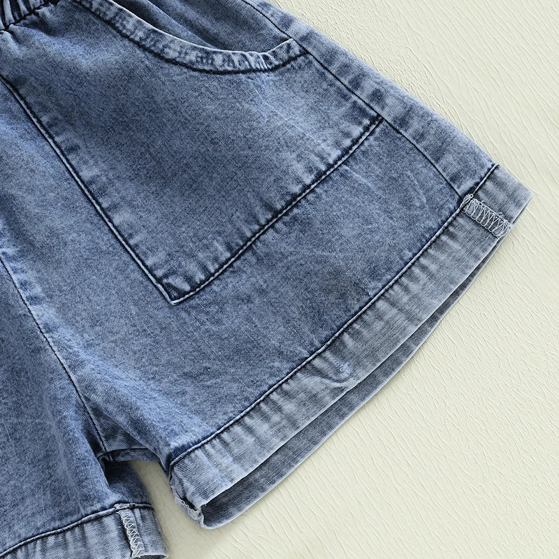 Toddler Girls Denim Overalls Shorts Short Sleeves Turn Down Collar