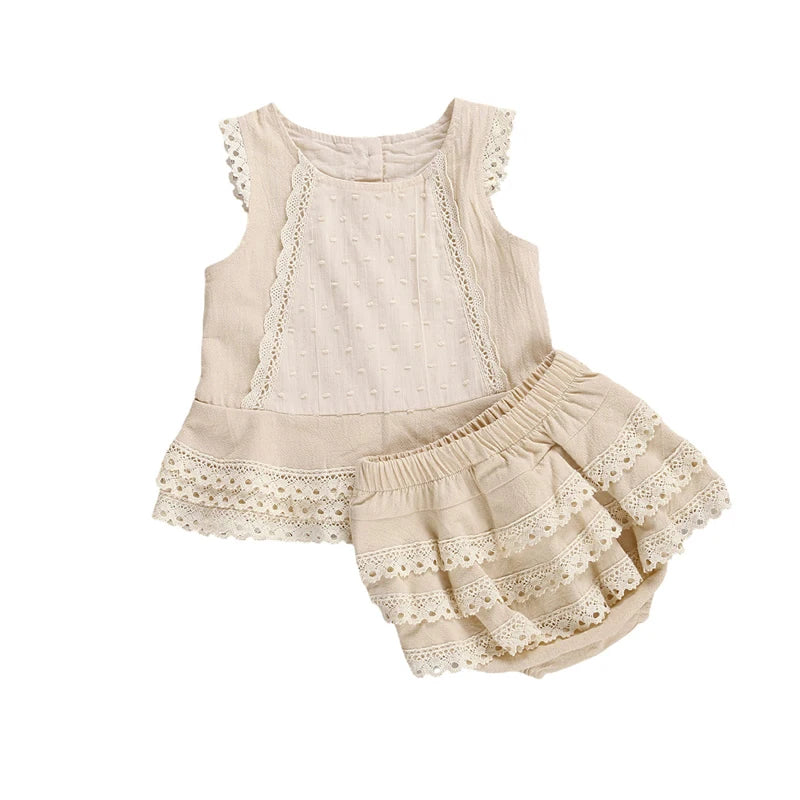 Lioraitiin 0-4Years Toddler Baby Girl Set Sleeveless Lace Pacthwork
