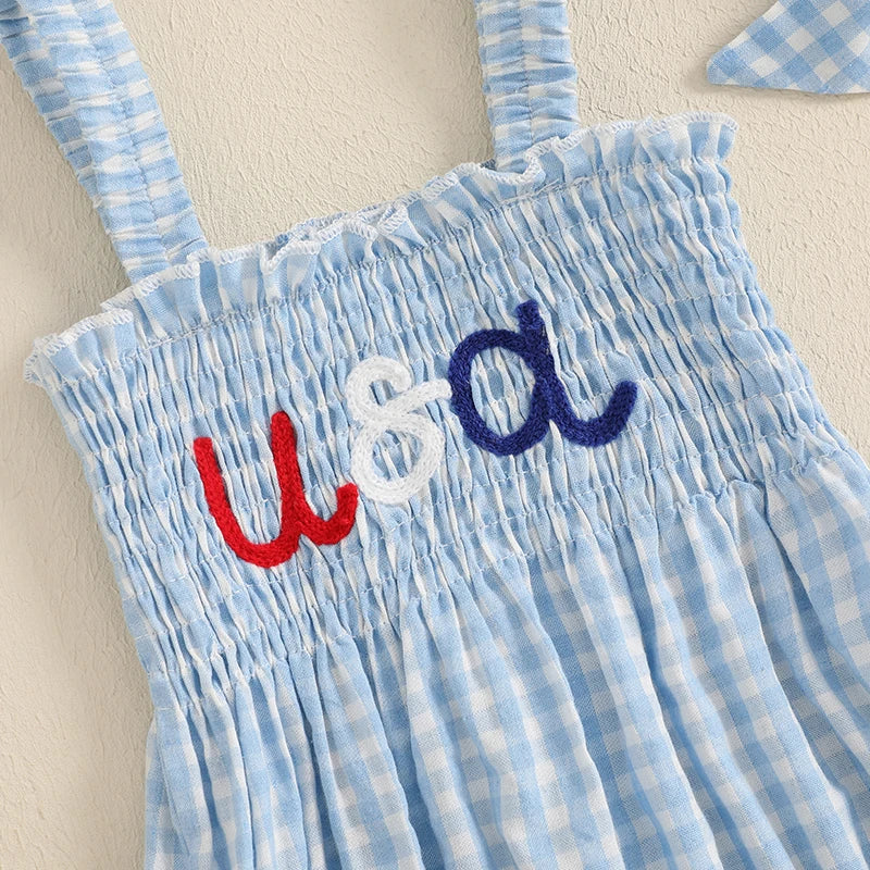 Lioraitiin Baby Girl July 4th Outfit Plaid Letter Embroidery Shirred