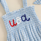 Lioraitiin Baby Girl July 4th Outfit Plaid Letter Embroidery Shirred