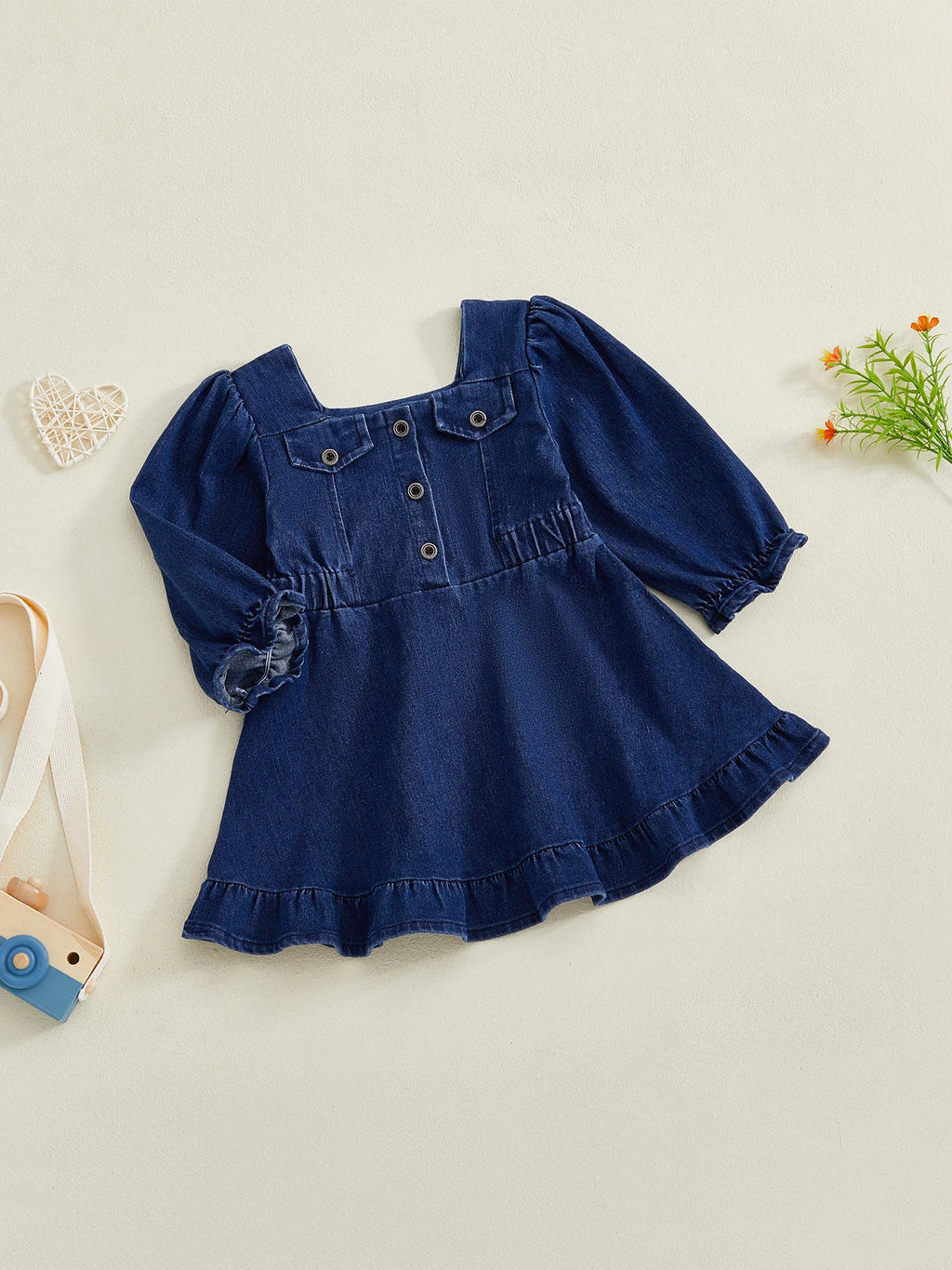 Lioraitiin Toddler Baby Girl Denim Dress Long Puff Sleeve Button Down