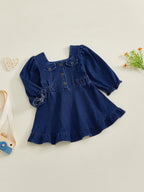 Lioraitiin Toddler Baby Girl Denim Dress Long Puff Sleeve Button Down