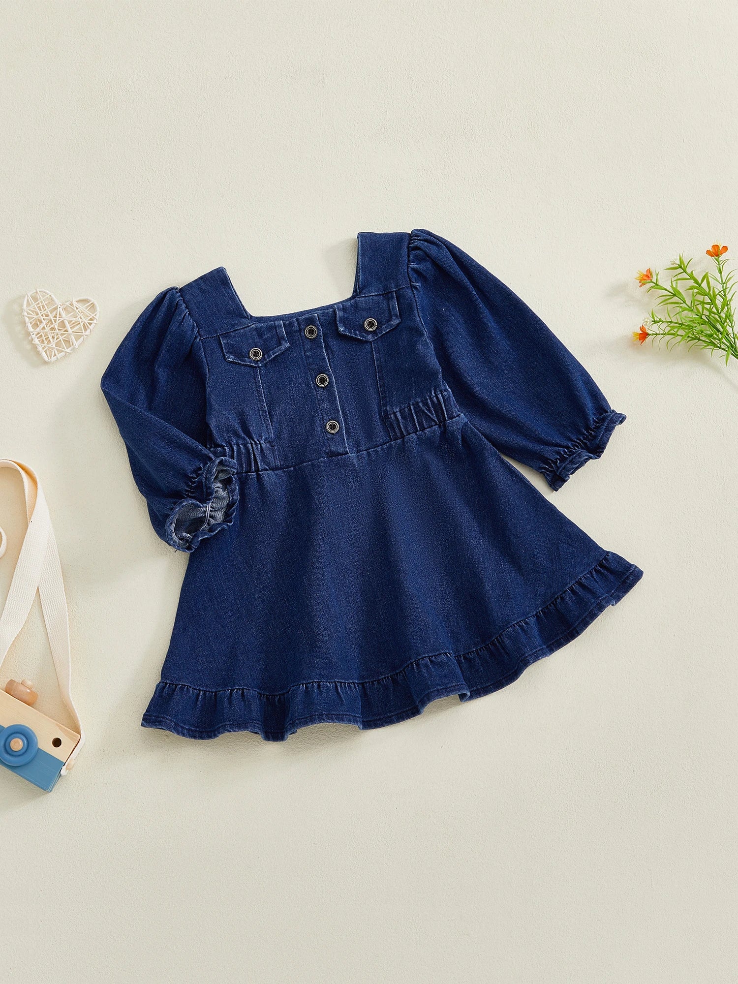 Lioraitiin Toddler Baby Girl Denim Dress Long Puff Sleeve Button Down