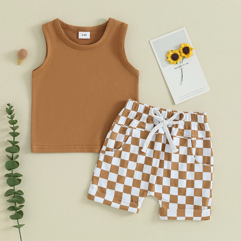 lioraitiin Baby Boy Solid Sleeveless Tank Top Checkered Shorts 2Pcs