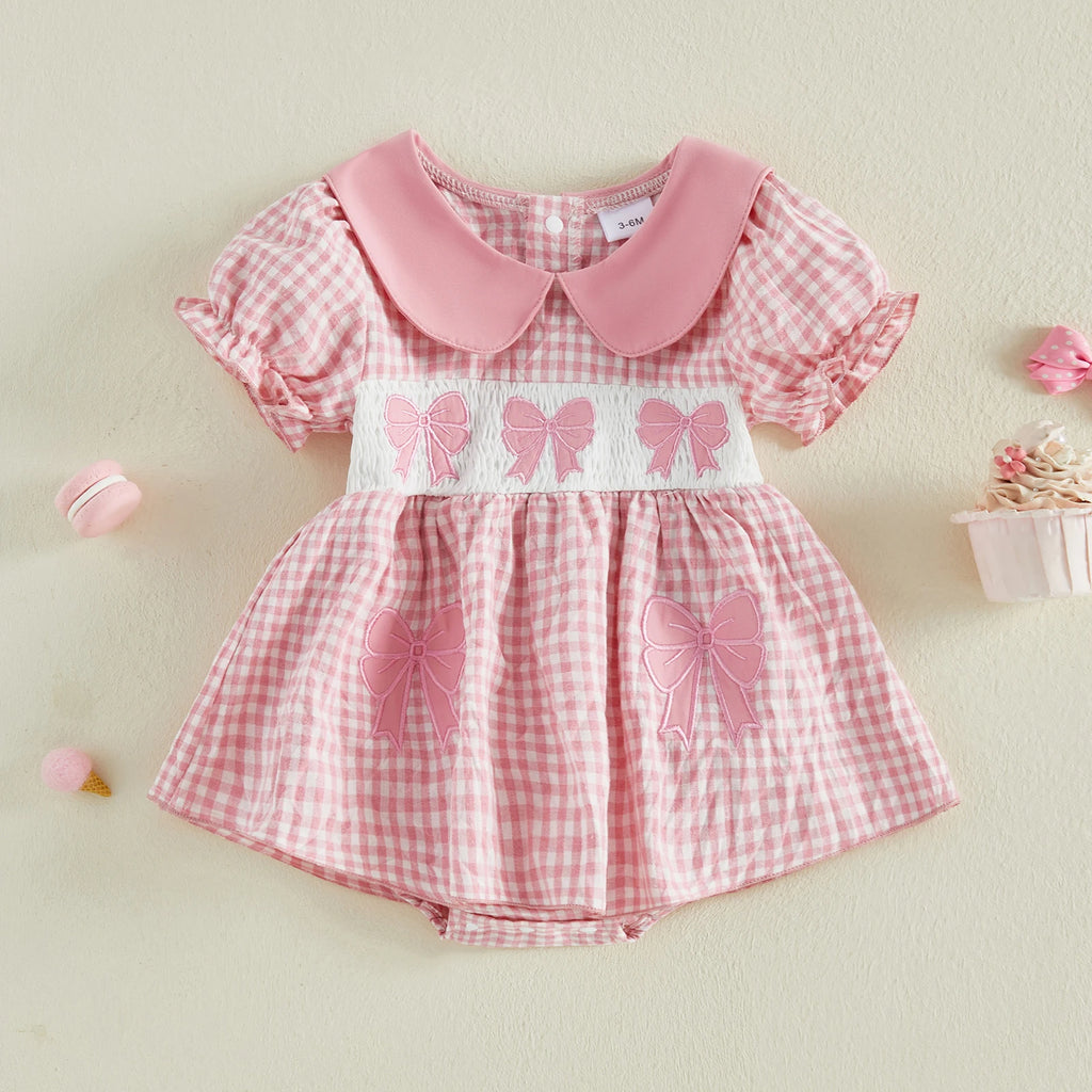 Lioraitiin Baby Girl Plaid Romper Dress Cute Bow Embroidery Smocked