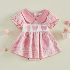 Lioraitiin Baby Girl Plaid Romper Dress Cute Bow Embroidery Smocked