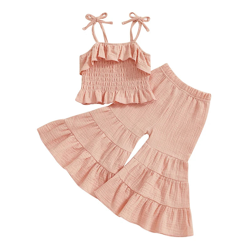 Lioraitiin Toddler Girl Set Sleeveless Smocked Lacing Strap Camisole