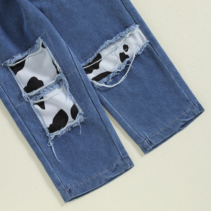 Lioraitiin Baby Girl 2Pcs Western Outfits Fly Sleeve Cow Print Shirt