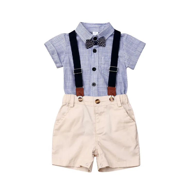 Lioraitiin Newborn Boys Stripe Short Sleeve Gentleman 2PCS Set Romper