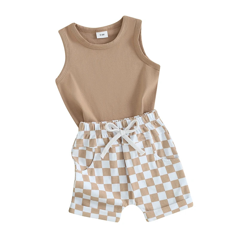 lioraitiin Baby Boy Solid Sleeveless Tank Top Checkered Shorts 2Pcs