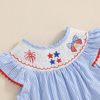 Lioraitiin Baby Girls Romper Fly Sleeve Crew Neck Stripes Embroidery