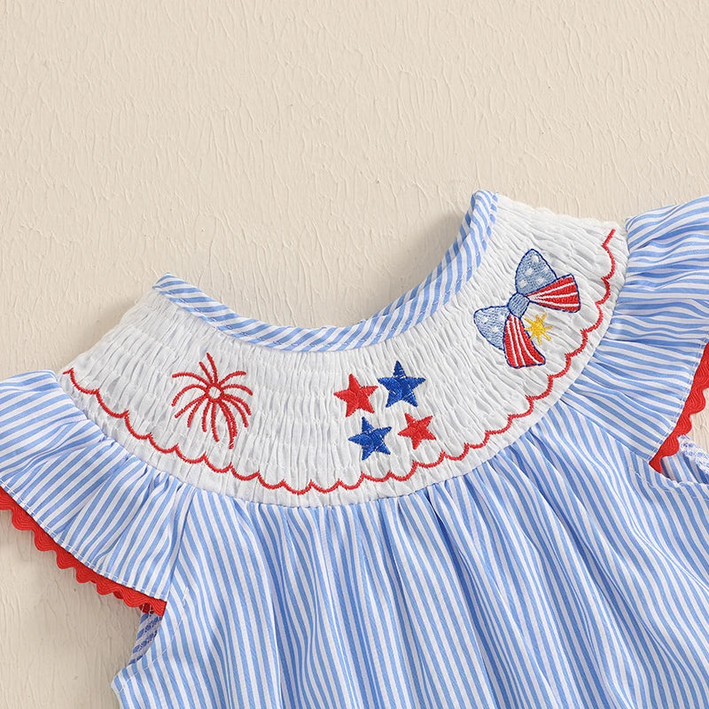 Lioraitiin Baby Girls Romper Fly Sleeve Crew Neck Stripes Embroidery