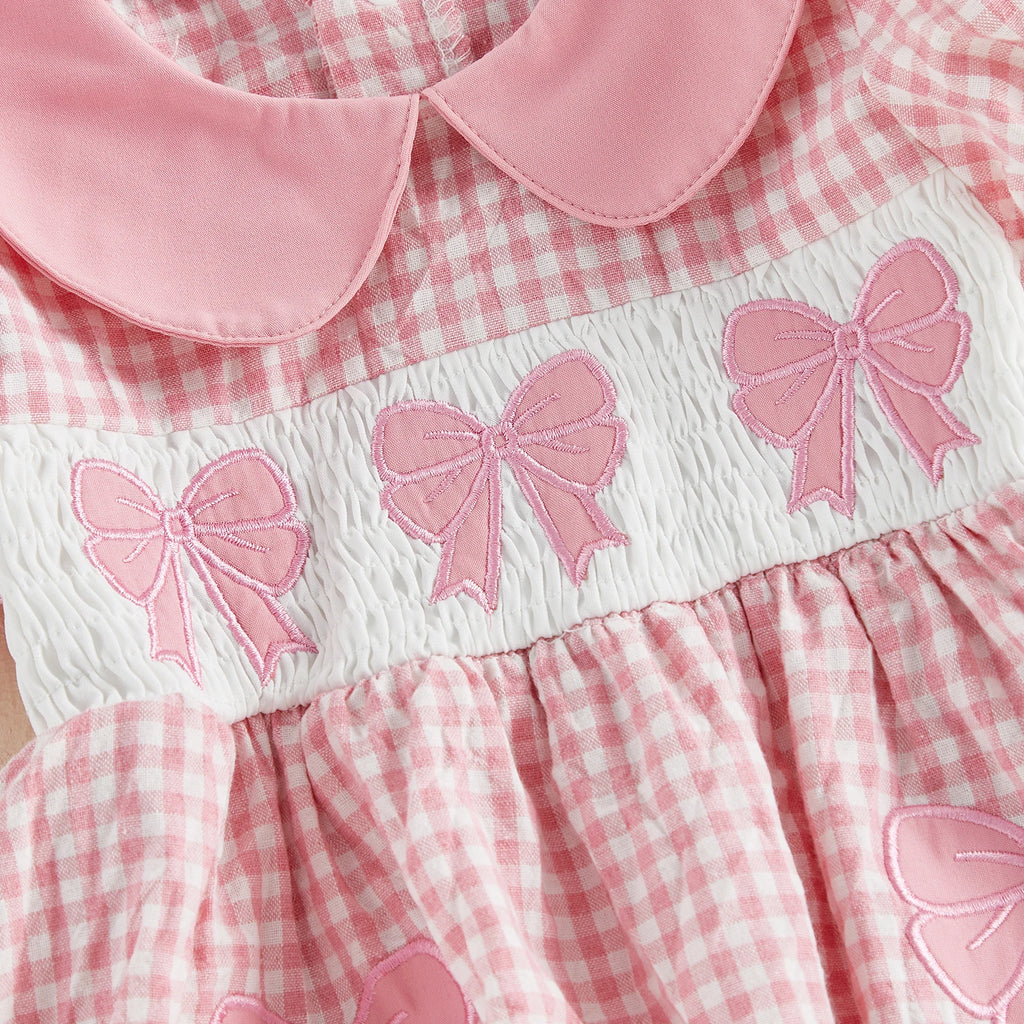 Lioraitiin Baby Girl Plaid Romper Dress Cute Bow Embroidery Smocked