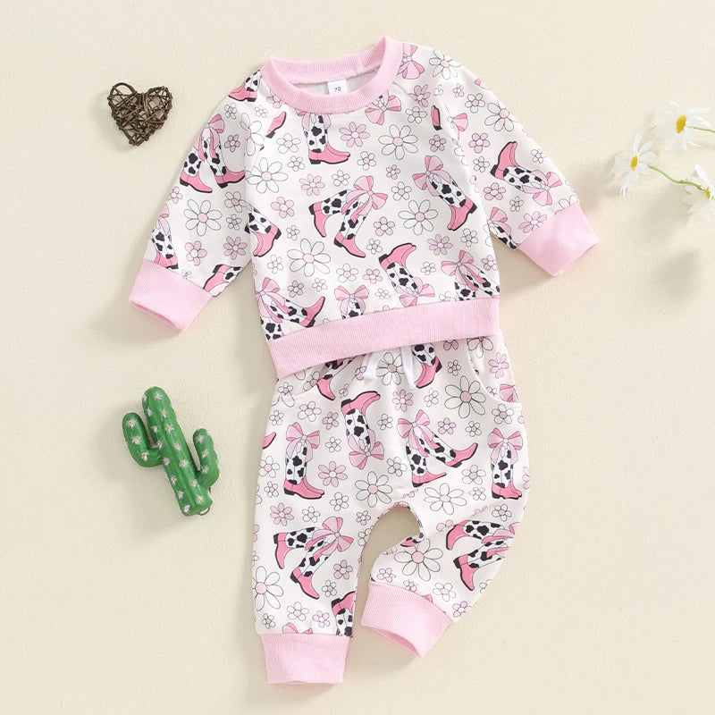Lioraitiin Baby Girls 2Pcs Outfit, Flower Boots Print Long Sleeve