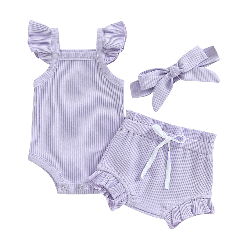 Lioraitiin 0-18M Toddler Girls 3Pcs Fly Sleeve Solid Romper Tops