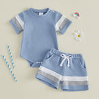 Lioraitiin Baby Boys Sets Fashionable Stripe Trim Short Sleeve Romper