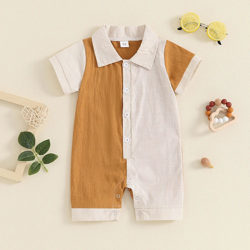 Lioraitiin Baby Boy Jumpsuit Short Sleeve Lapel Collar Stripes Print