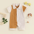 Lioraitiin Baby Boy Jumpsuit Short Sleeve Lapel Collar Stripes Print