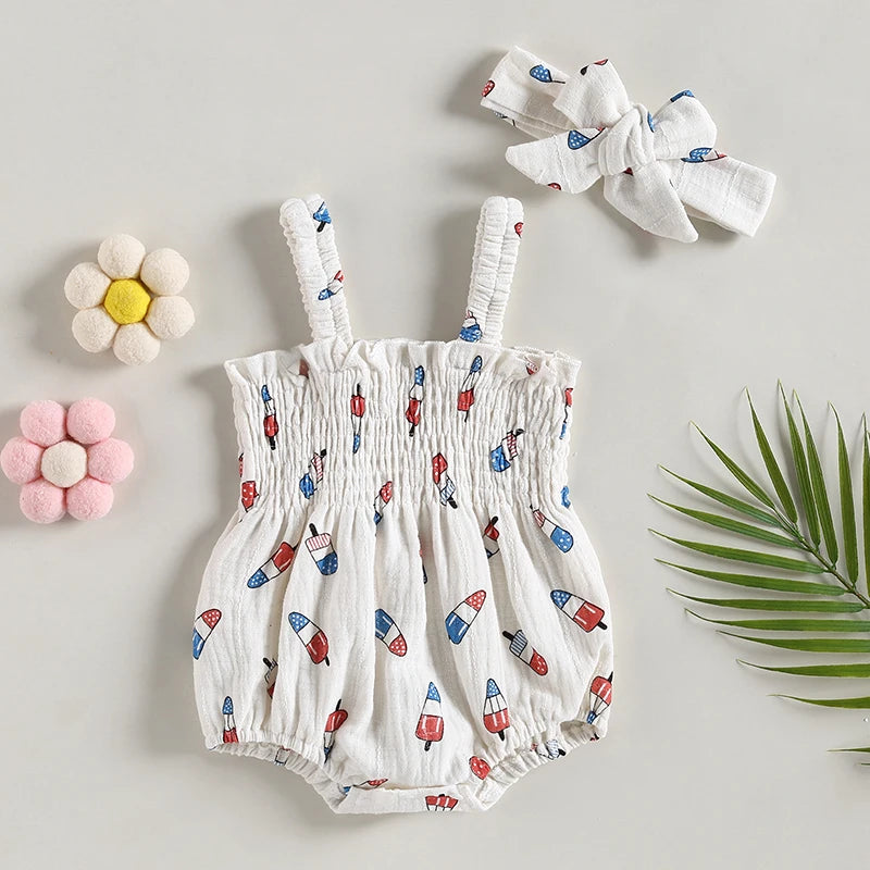 Lioraitiin 0-18M Independence Day Baby Girl Jumpsuit Set Ice Cream