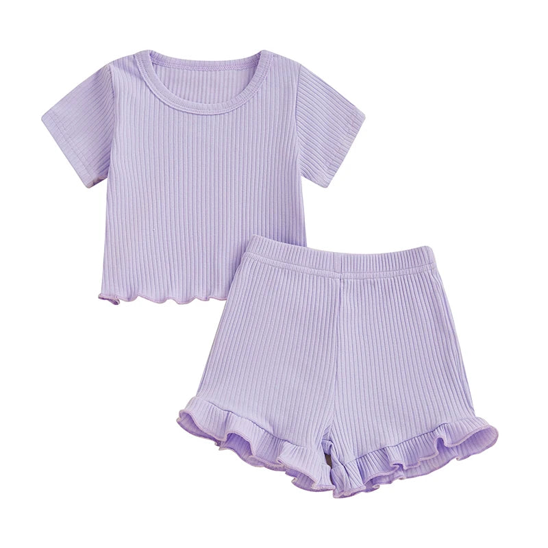 Lioraitiin Toddler Baby Girl Ribbed Outfit Solid Color Short Sleeve