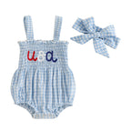 Lioraitiin Baby Girl July 4th Outfit Plaid Letter Embroidery Shirred