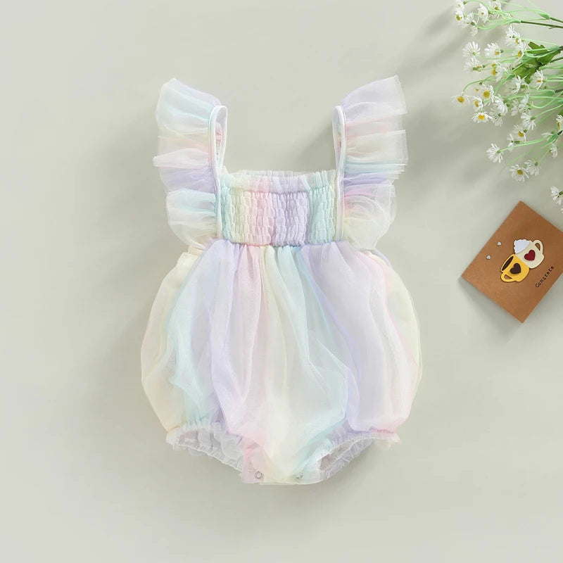 Lioraitiin 0-18M Baby Girls Bodysuit Fly Sleeve Square Neck Tie-dye