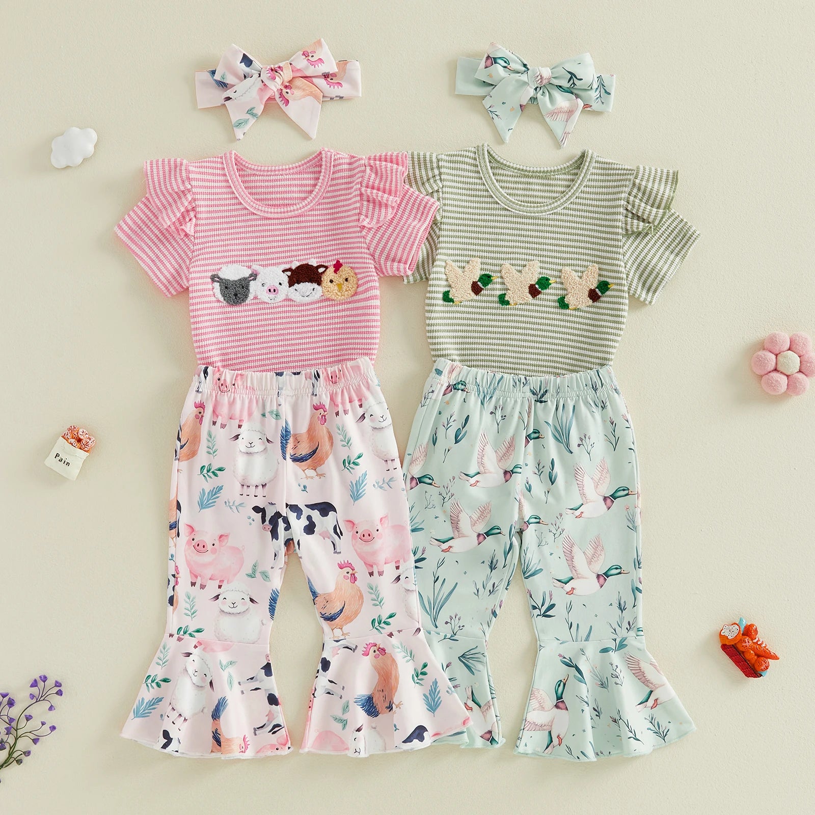Lioraitiin Baby Girl Outfit Animal Embroidered Striped Crew Neck