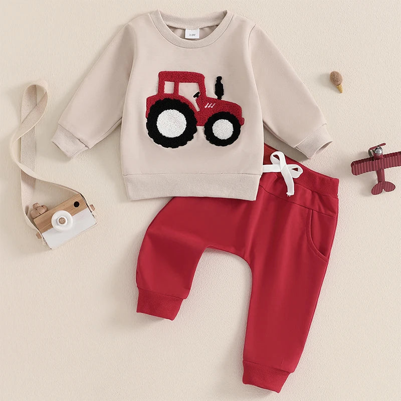 Lioraitiin Toddler Boy Outfits Tractor Embroidery Long Sleeve