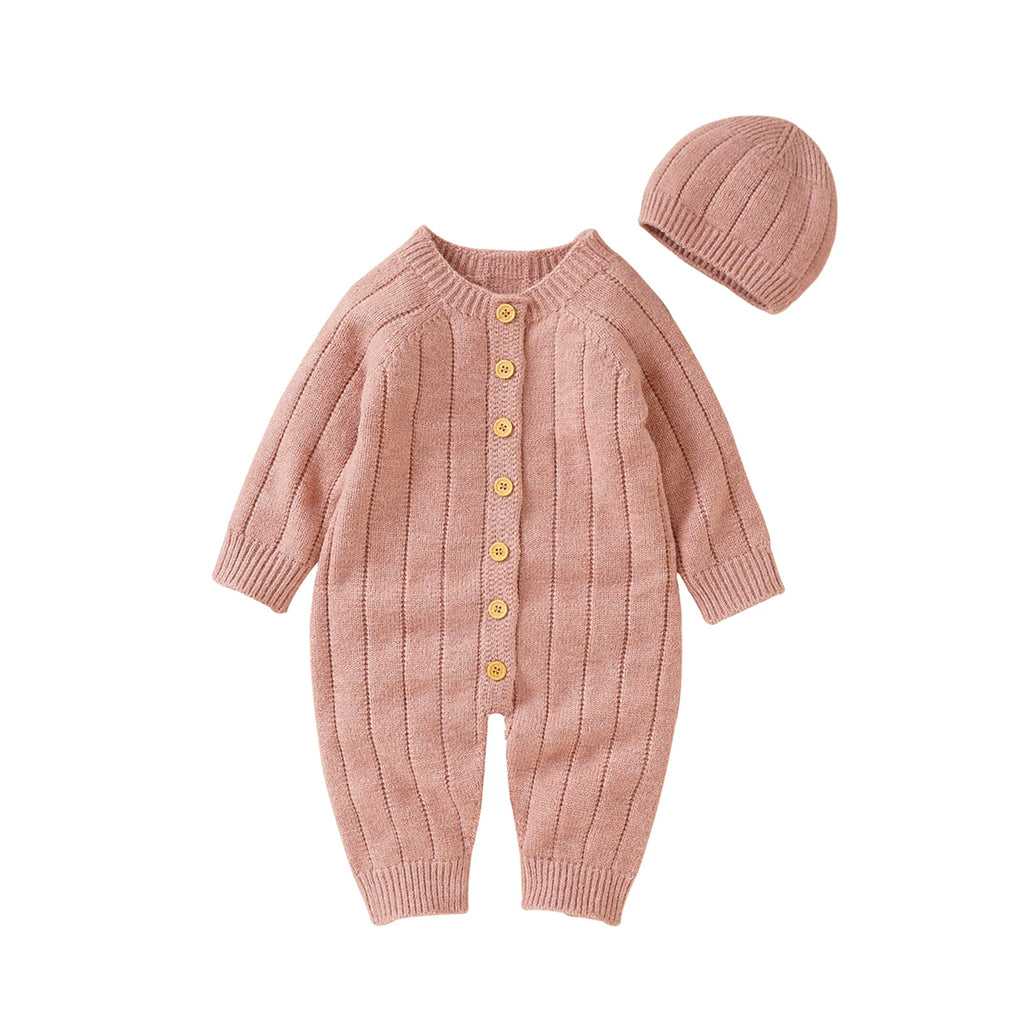 Lioraitiin Infant Jumpsuit and Cap, Solid Color Long Sleeve