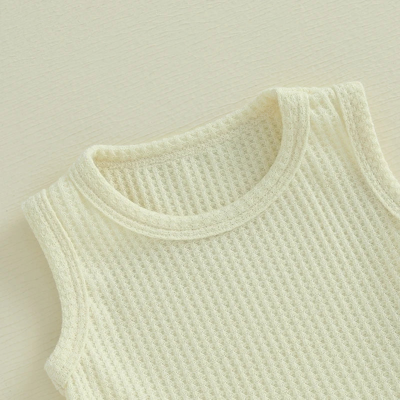 Lioraitiin Toddler Girl Outfits Solid Waffle Round Neck Ruffled Tank