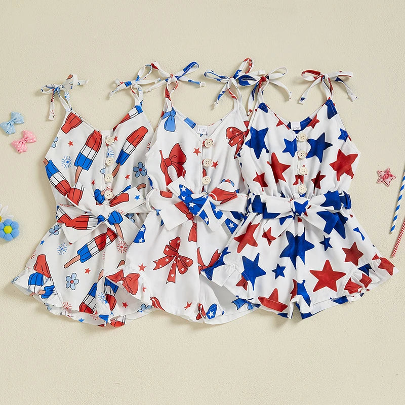 Lioraitiin Kid Girl 4th of July Overalls Shorts Bow/Popsicle Print