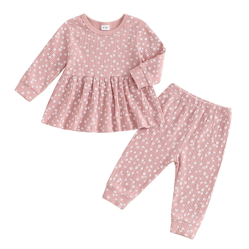 Lioraitiin 1-5Y Toddler Girl Outfits Floral Print Crew Neck Long