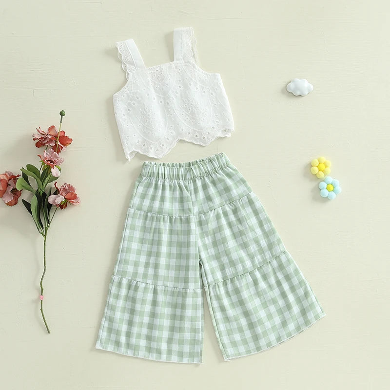 Lioraitiin Toddler Girl Eyelet Embroidery Cami Tops+Elastic Waist