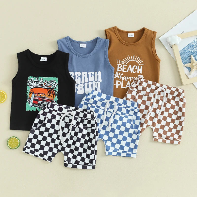 Lioraitiin Toddler Boys Outfits Letter Car Print Sleeveless Tank Tops
