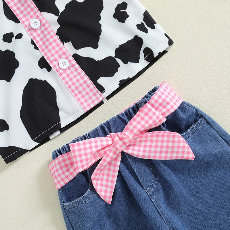 Lioraitiin Baby Girl 2Pcs Western Outfits Fly Sleeve Cow Print Shirt