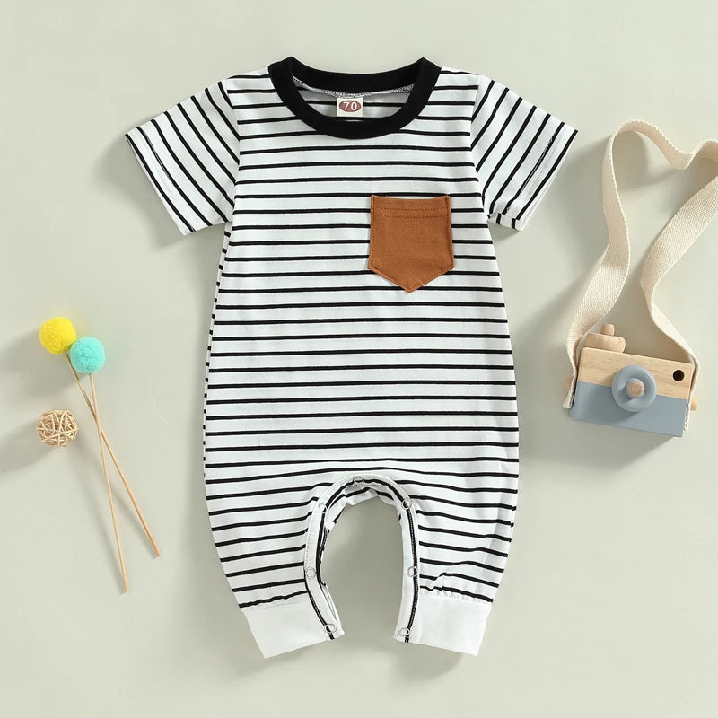 Lioraitiin 0-18M Newborn Baby Boys Jumpsuit Round Neck Contrast Color
