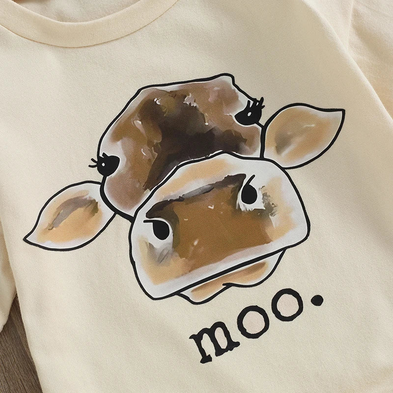 Lioraitiin Baby Romper, Short Sleeve Crew Neck Cow Head Print