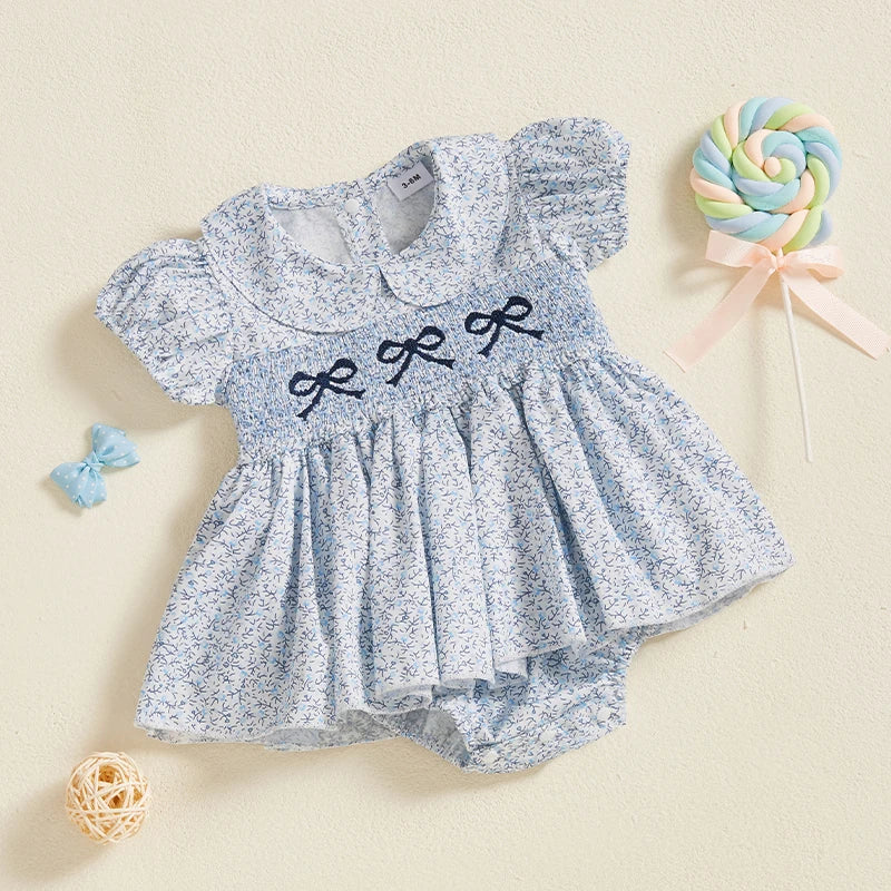 Lioraitiin Baby Girls Romper Dress Short Sleeve Bow Embroidery Floral