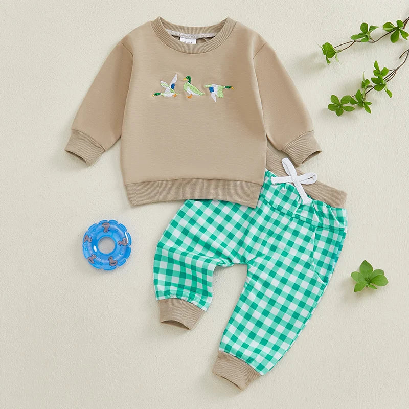 Lioraitiin Toddler Baby Boy Girl Duck Long Sleeve Sweatshirt Plaid